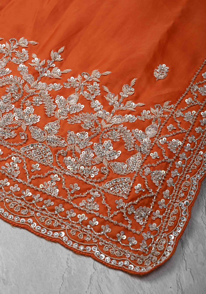Orange Satin Silk Saree with sequins and cutdana hand-embroidery