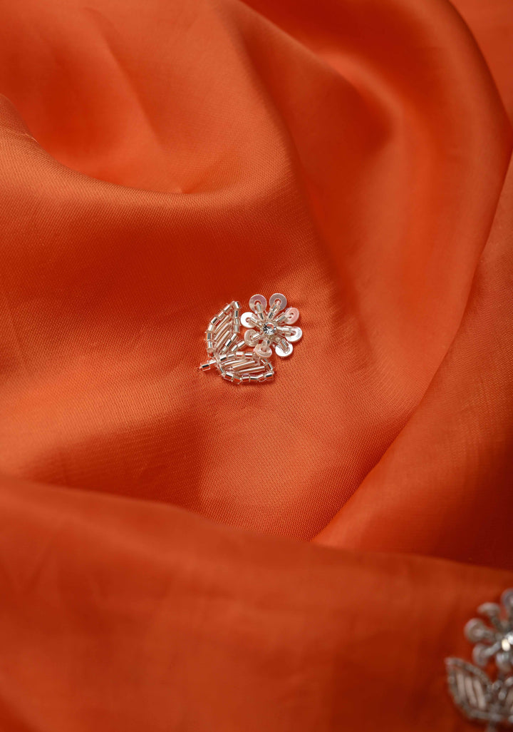 Orange Satin Silk Saree with sequins and cutdana hand-embroidery