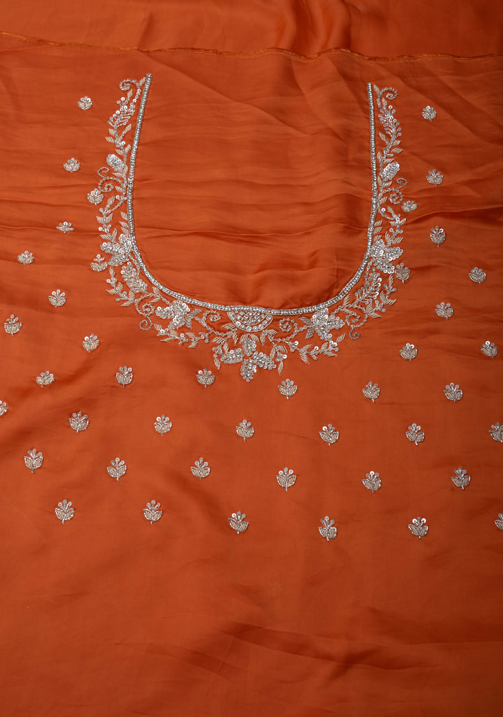Orange Satin Silk Saree with sequins and cutdana hand-embroidery