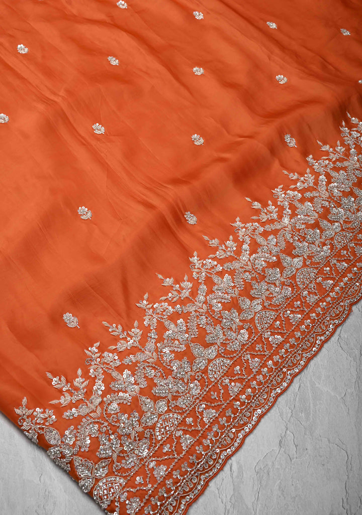 Orange Satin Silk Saree with sequins and cutdana hand-embroidery