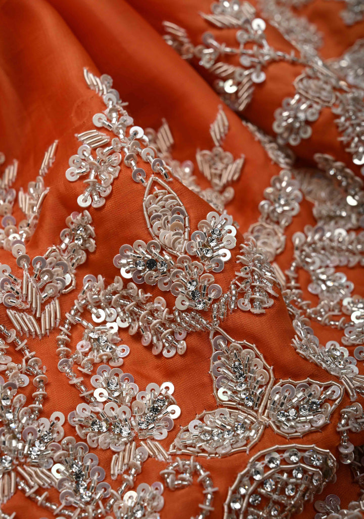 Orange Satin Silk Saree with sequins and cutdana hand-embroidery