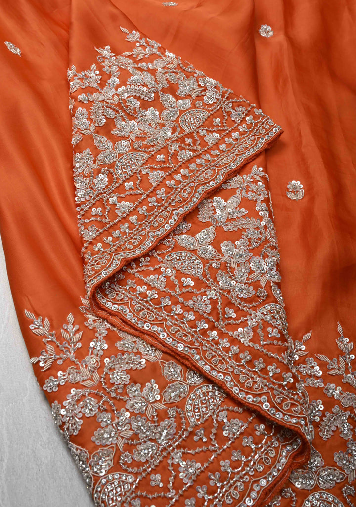 Orange Satin Silk Saree with sequins and cutdana hand-embroidery