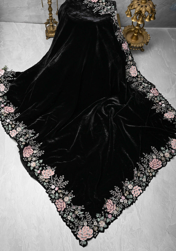 Black Half Velvet and Half Organza Silk Saree with Embroidery Embellishments and Scallop Border