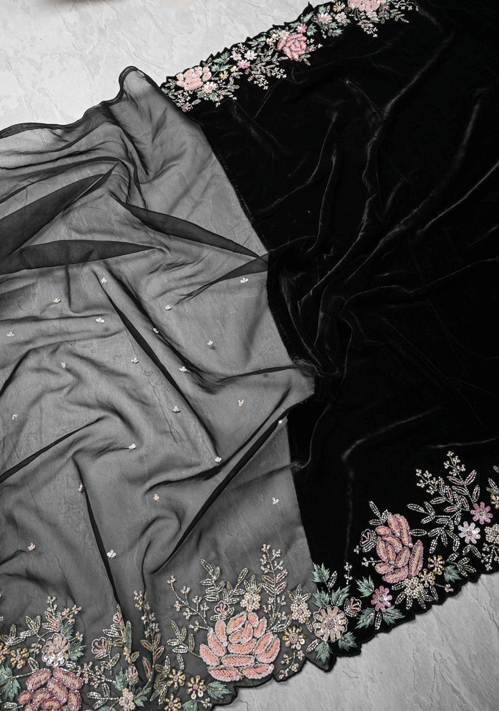 Black Half Velvet and Half Organza Silk Saree with Embroidery Embellishments and Scallop Border