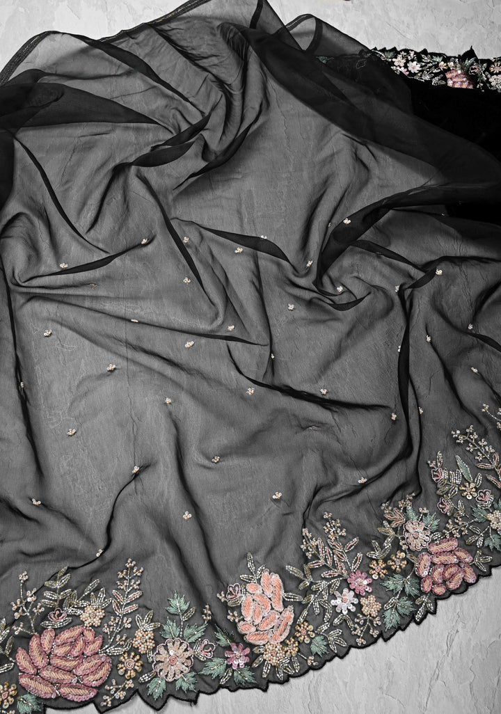 Black Half Velvet and Half Organza Silk Saree with Embroidery Embellishments and Scallop Border