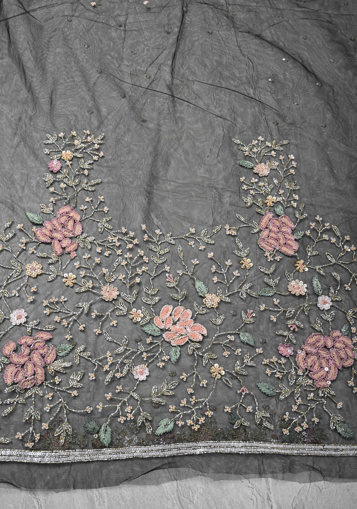 Black Half Velvet and Half Organza Silk Saree with Embroidery Embellishments and Scallop Border