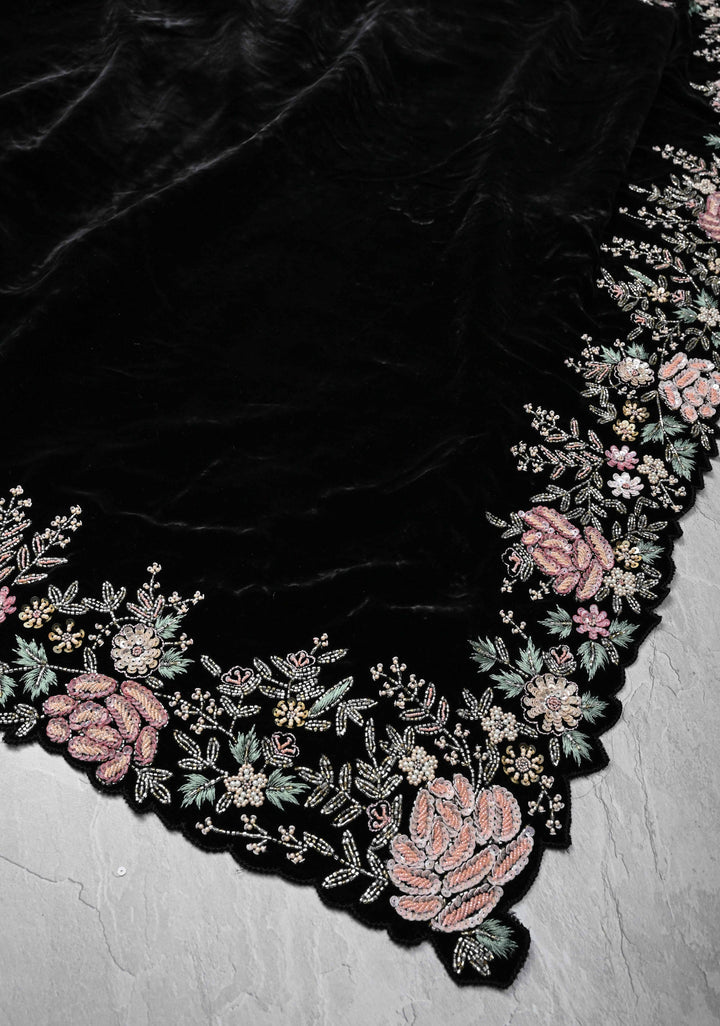 Black Half Velvet and Half Organza Silk Saree with Embroidery Embellishments and Scallop Border