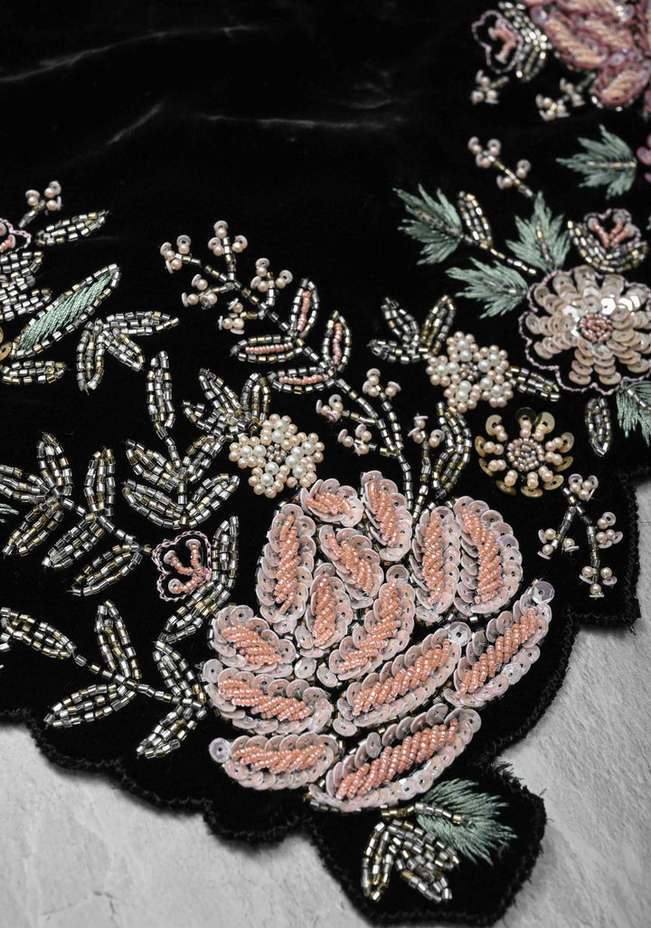 Black Half Velvet and Half Organza Silk Saree with Embroidery Embellishments and Scallop Border