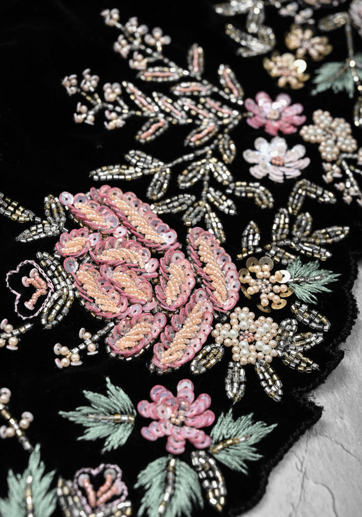 Black Half Velvet and Half Organza Silk Saree with Embroidery Embellishments and Scallop Border