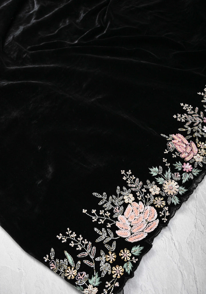 Black Half Velvet and Half Organza Silk Saree with Embroidery Embellishments and Scallop Border