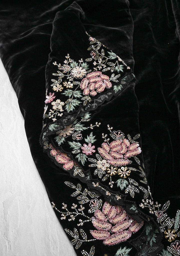 Black Half Velvet and Half Organza Silk Saree with Embroidery Embellishments and Scallop Border