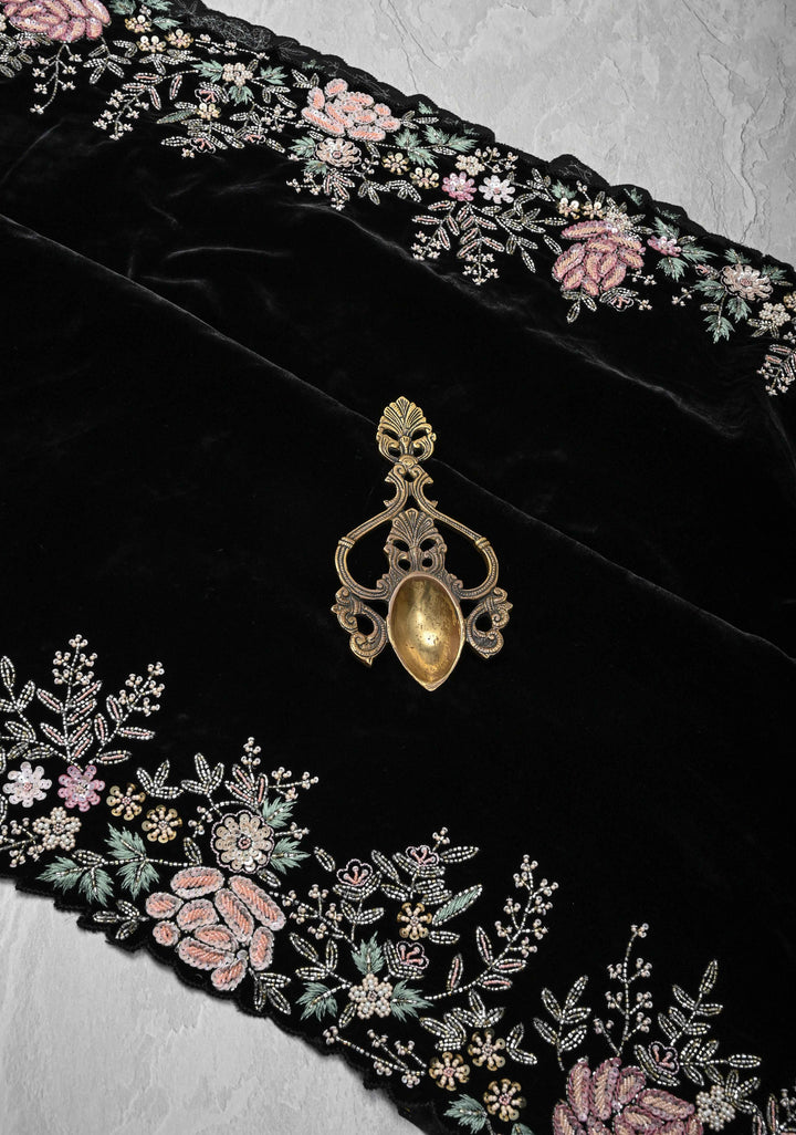 Black Half Velvet and Half Organza Silk Saree with Embroidery Embellishments and Scallop Border