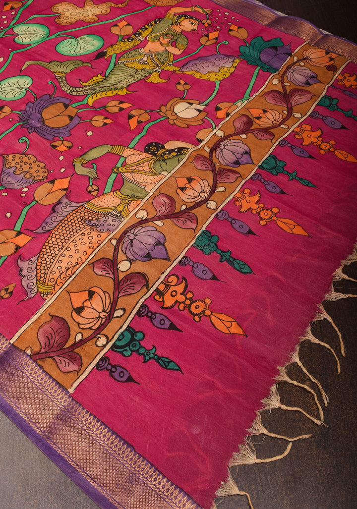 DUPATTA: Mermaid and Lotus Theme Authentic Pen Kalamkari on Mangalagiri Silk Cotton in Pink with Nizam Zari border