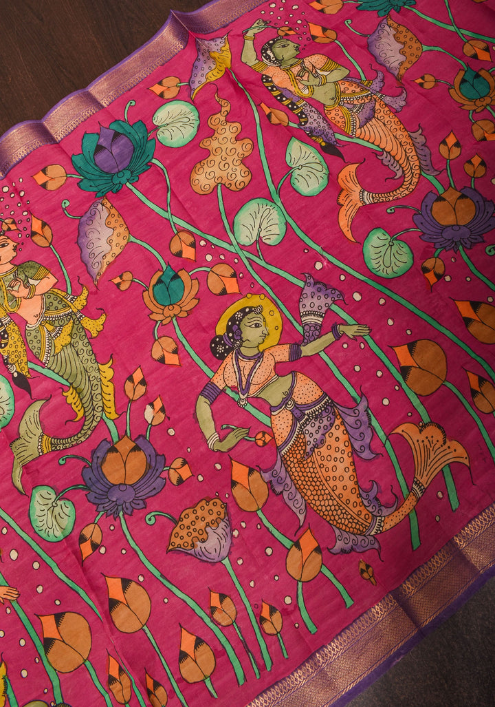 DUPATTA: Mermaid and Lotus Theme Authentic Pen Kalamkari on Mangalagiri Silk Cotton in Pink with Nizam Zari border