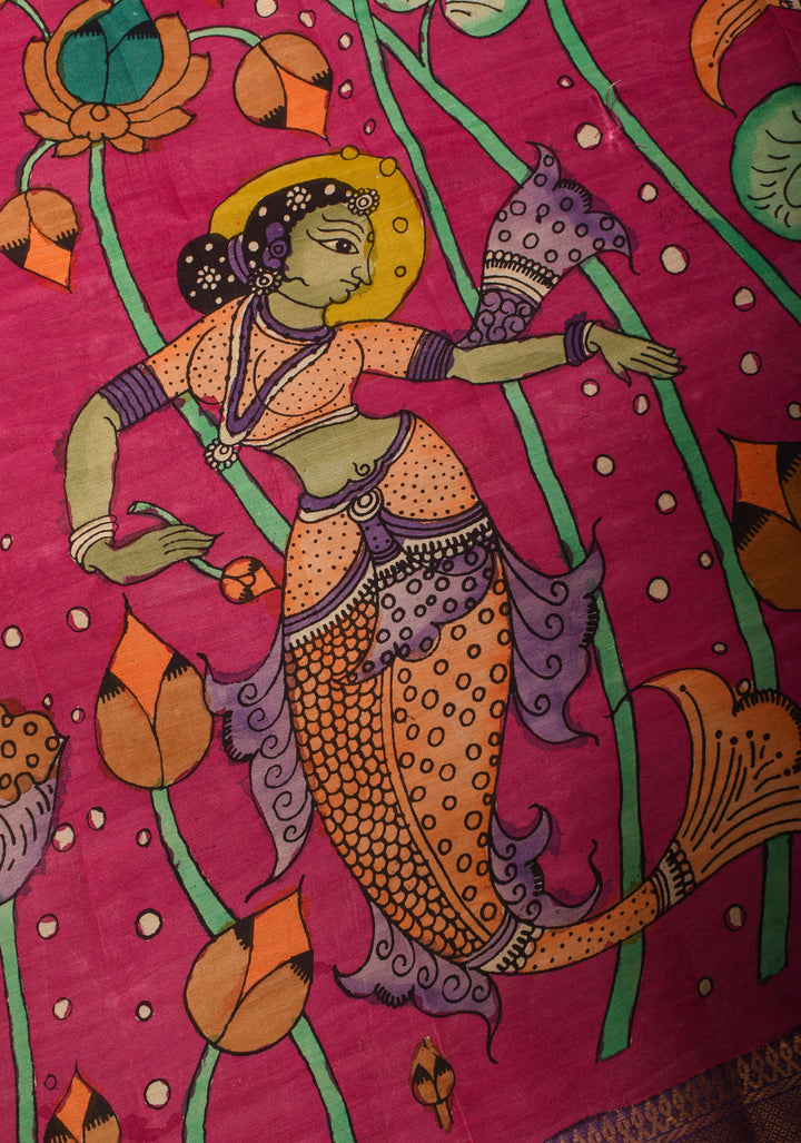 DUPATTA: Mermaid and Lotus Theme Authentic Pen Kalamkari on Mangalagiri Silk Cotton in Pink with Nizam Zari border
