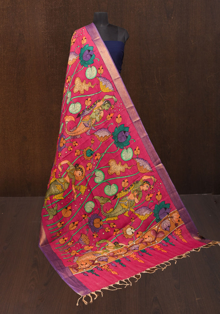 DUPATTA: Mermaid and Lotus Theme Authentic Pen Kalamkari on Mangalagiri Silk Cotton in Pink with Nizam Zari border