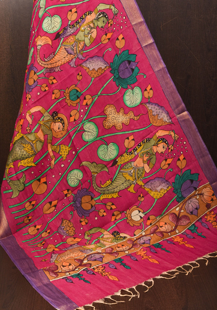 DUPATTA: Mermaid and Lotus Theme Authentic Pen Kalamkari on Mangalagiri Silk Cotton in Pink with Nizam Zari border