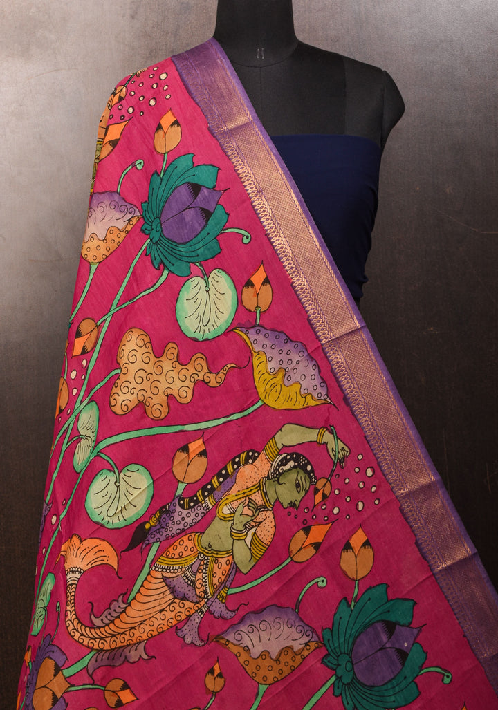 DUPATTA: Mermaid and Lotus Theme Authentic Pen Kalamkari on Mangalagiri Silk Cotton in Pink with Nizam Zari border