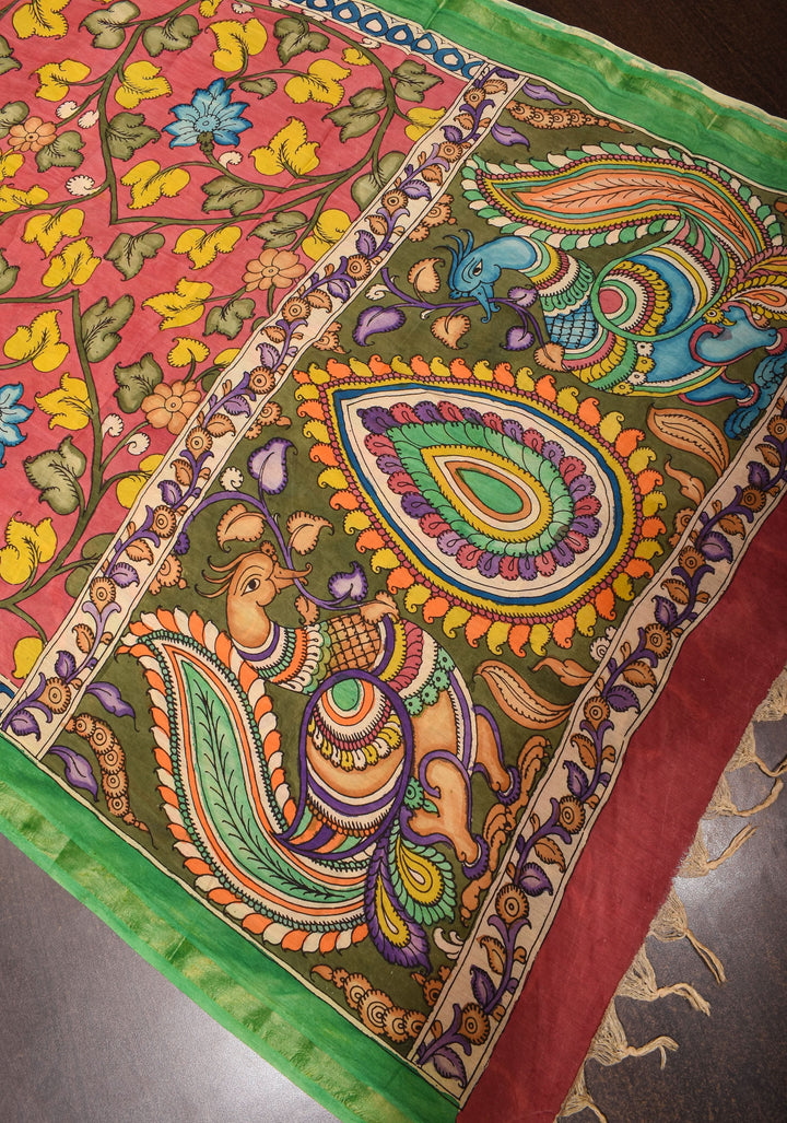 DUPATTA: Annapakshi and Floral Theme Authentic Pen Kalamkari on Mangalagiri Silk Cotton in green with Nizam Zari border