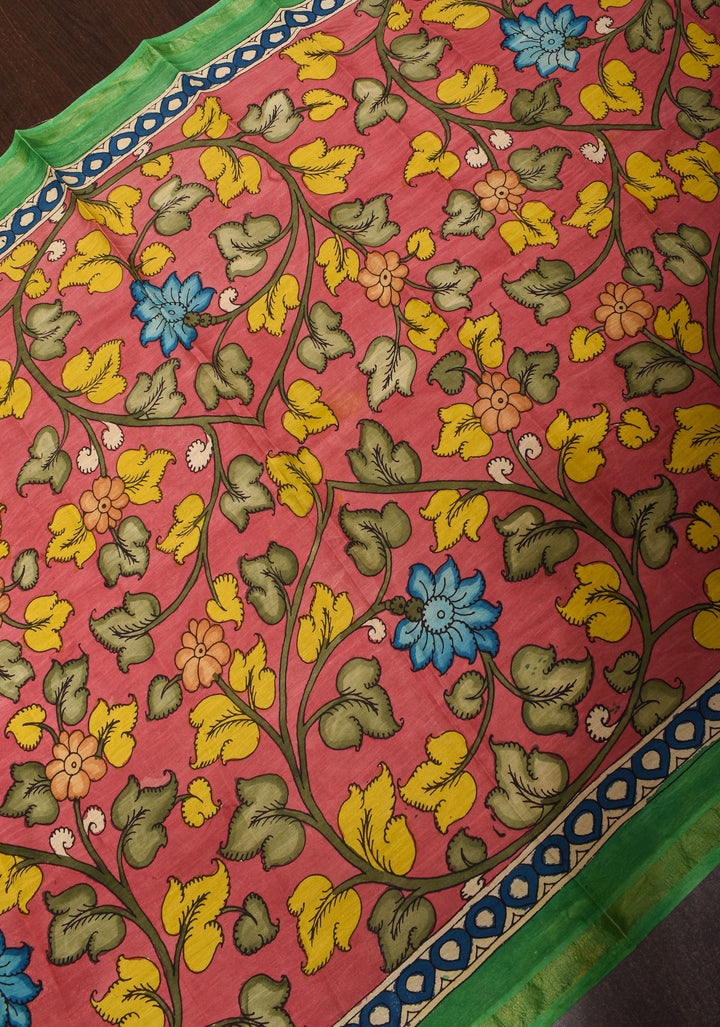 DUPATTA: Annapakshi and Floral Theme Authentic Pen Kalamkari on Mangalagiri Silk Cotton in green with Nizam Zari border