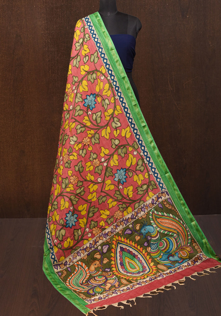 DUPATTA: Annapakshi and Floral Theme Authentic Pen Kalamkari on Mangalagiri Silk Cotton in green with Nizam Zari border