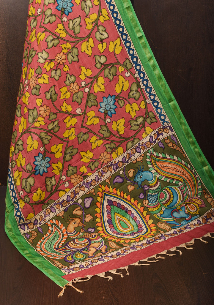 DUPATTA: Annapakshi and Floral Theme Authentic Pen Kalamkari on Mangalagiri Silk Cotton in green with Nizam Zari border