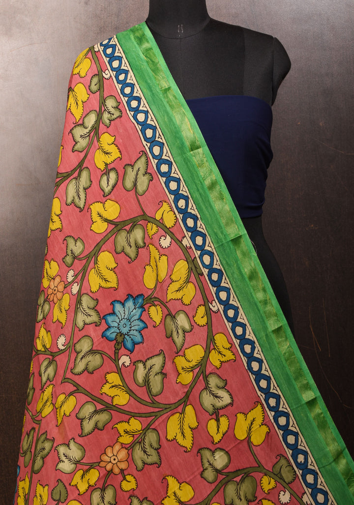 DUPATTA: Annapakshi and Floral Theme Authentic Pen Kalamkari on Mangalagiri Silk Cotton in green with Nizam Zari border