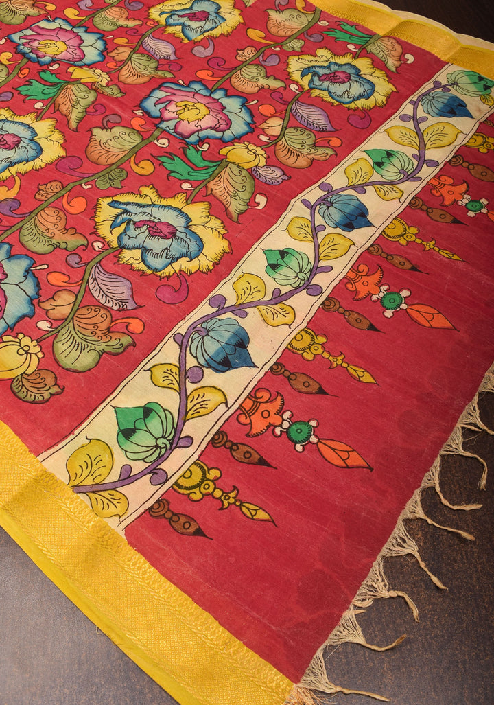 DUPATTA: Red Floral Authentic Pen Kalamkari on Mangalagiri Silk Cotton with Nizam Zari Border