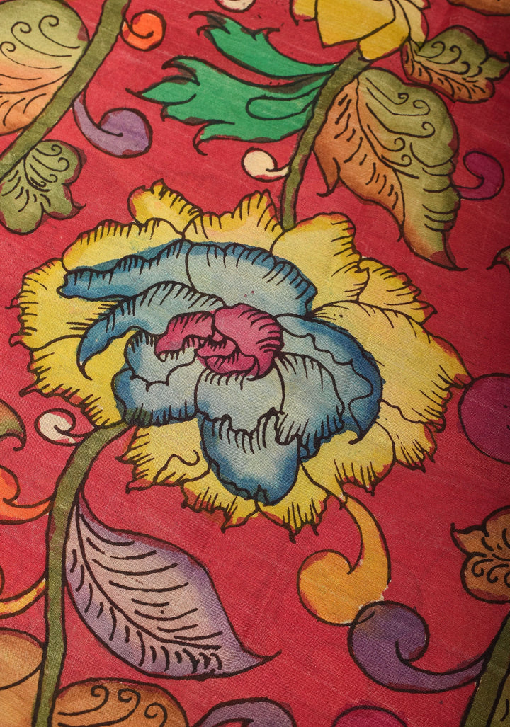 DUPATTA: Red Floral Authentic Pen Kalamkari on Mangalagiri Silk Cotton with Nizam Zari Border