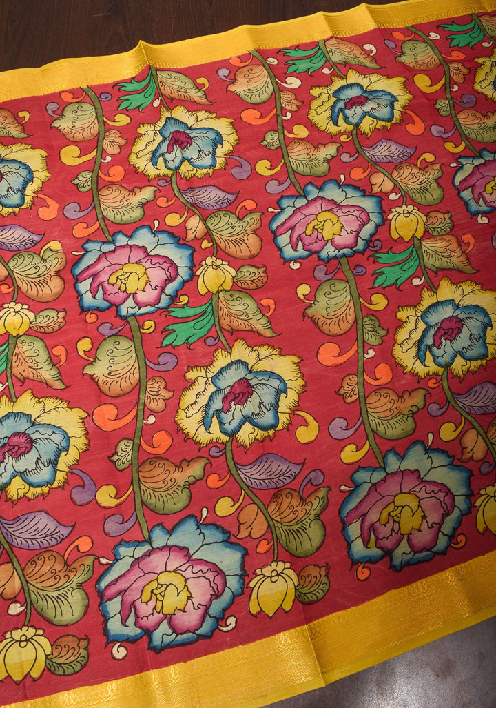 DUPATTA: Red Floral Authentic Pen Kalamkari on Mangalagiri Silk Cotton with Nizam Zari Border