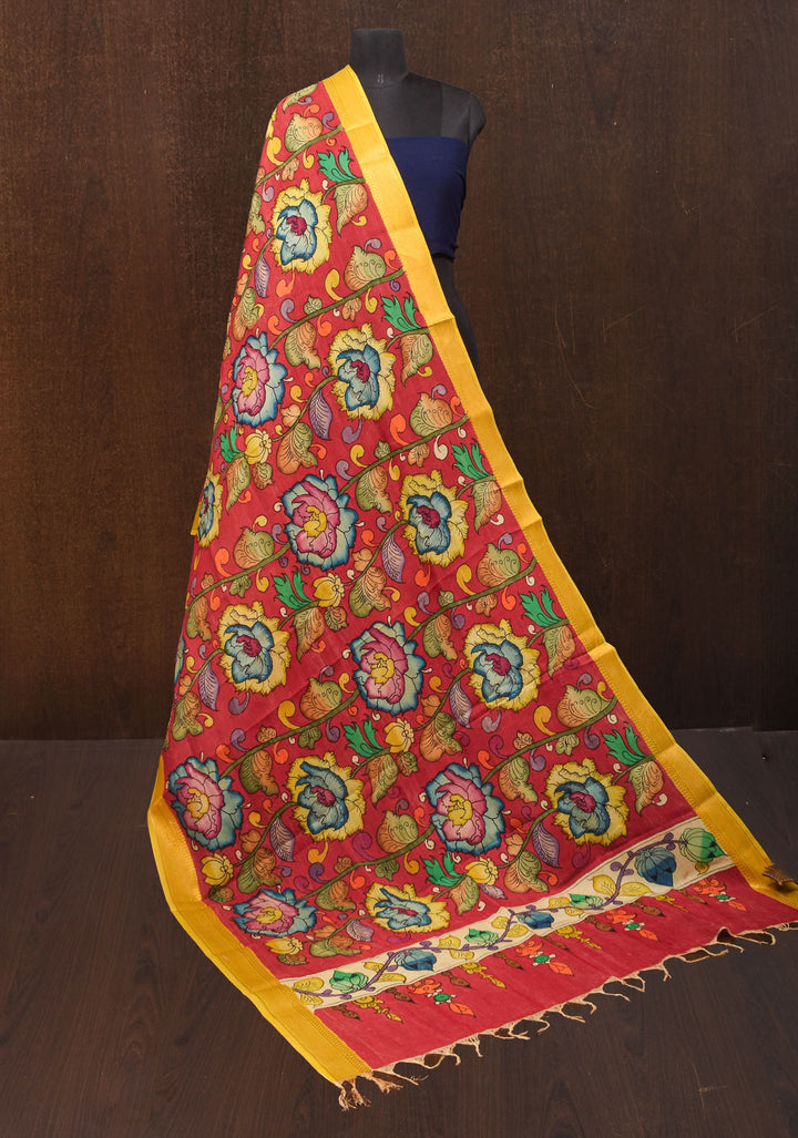 DUPATTA: Red Floral Authentic Pen Kalamkari on Mangalagiri Silk Cotton with Nizam Zari Border