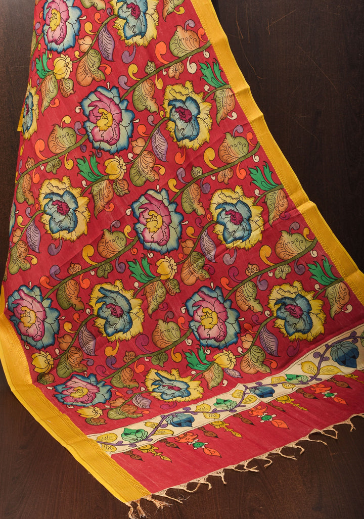 DUPATTA: Red Floral Authentic Pen Kalamkari on Mangalagiri Silk Cotton with Nizam Zari Border