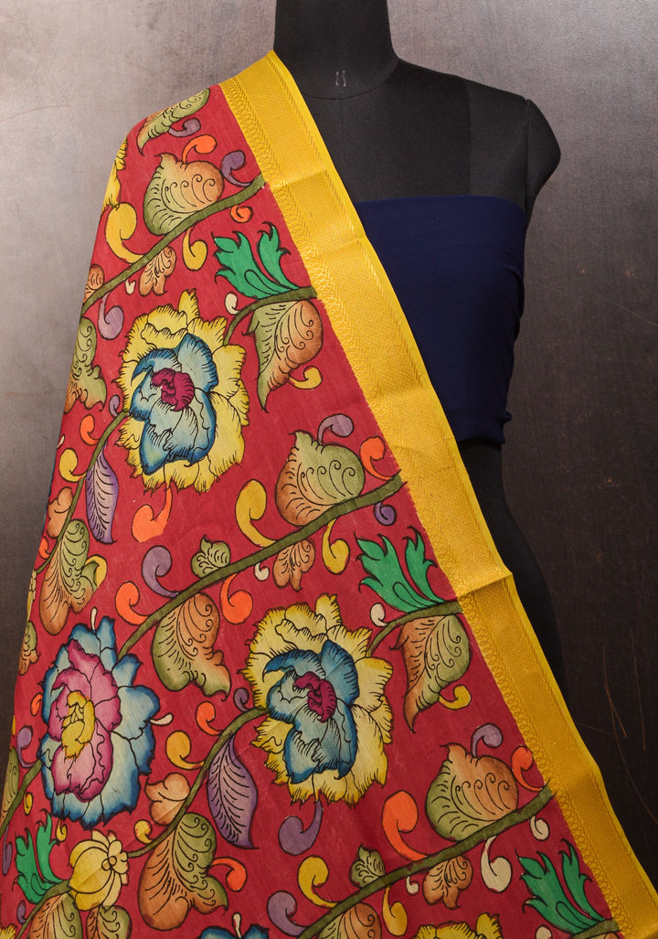 DUPATTA: Red Floral Authentic Pen Kalamkari on Mangalagiri Silk Cotton with Nizam Zari Border