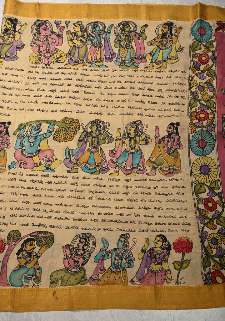 Ramayana - Telugu Script and Motiifs Theme : Authentic Pen Kalamkari on Pure Mangalagiri Silk Cotton Saree with Zari Borders