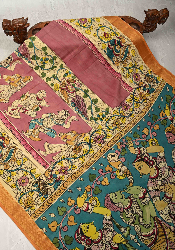 Music and Dance Theme : Authentic Pen Kalamkari on Pure Mangalagiri Silk Cotton Saree with Zari Borders
