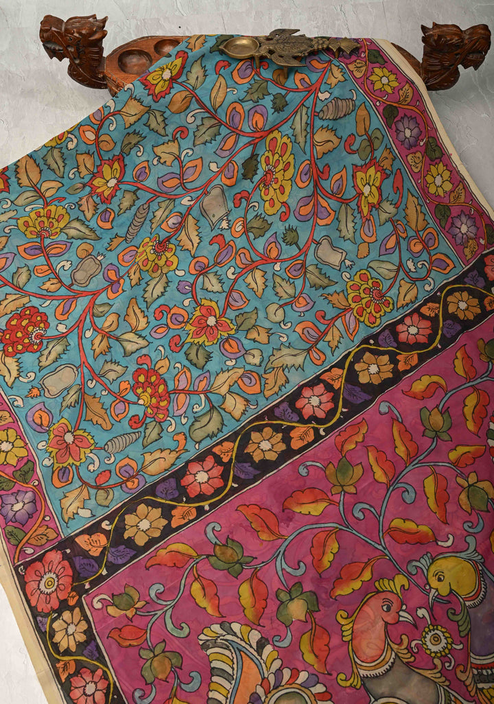 Azure Blue Authentic Pen Kalamkari on Pure Georgette Saree with Border | SILK MARK CERTIFIED