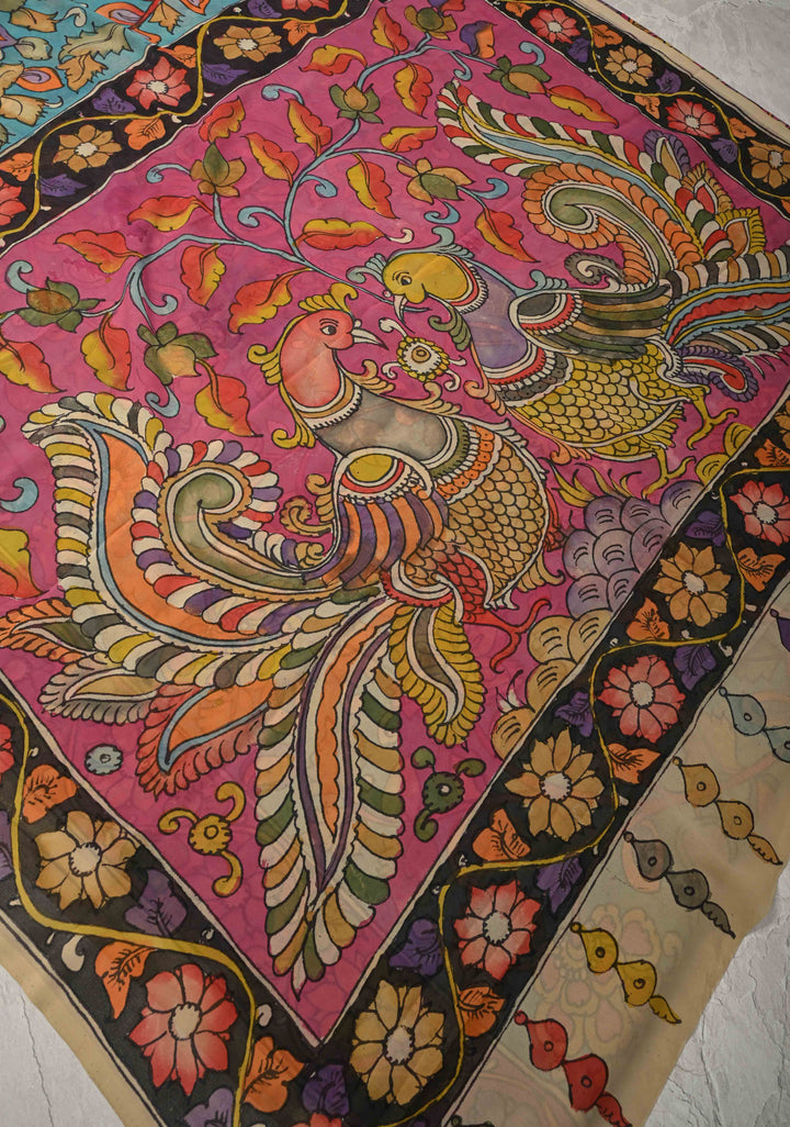 Azure Blue Authentic Pen Kalamkari on Pure Georgette Saree with Border | SILK MARK CERTIFIED