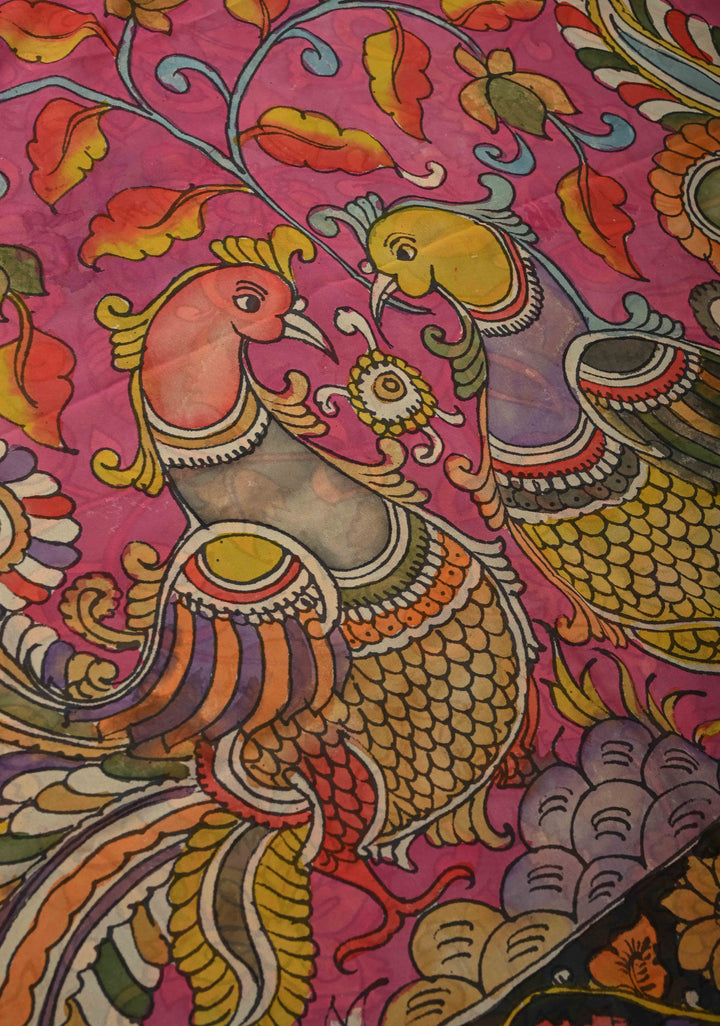 Azure Blue Authentic Pen Kalamkari on Pure Georgette Saree with Border | SILK MARK CERTIFIED