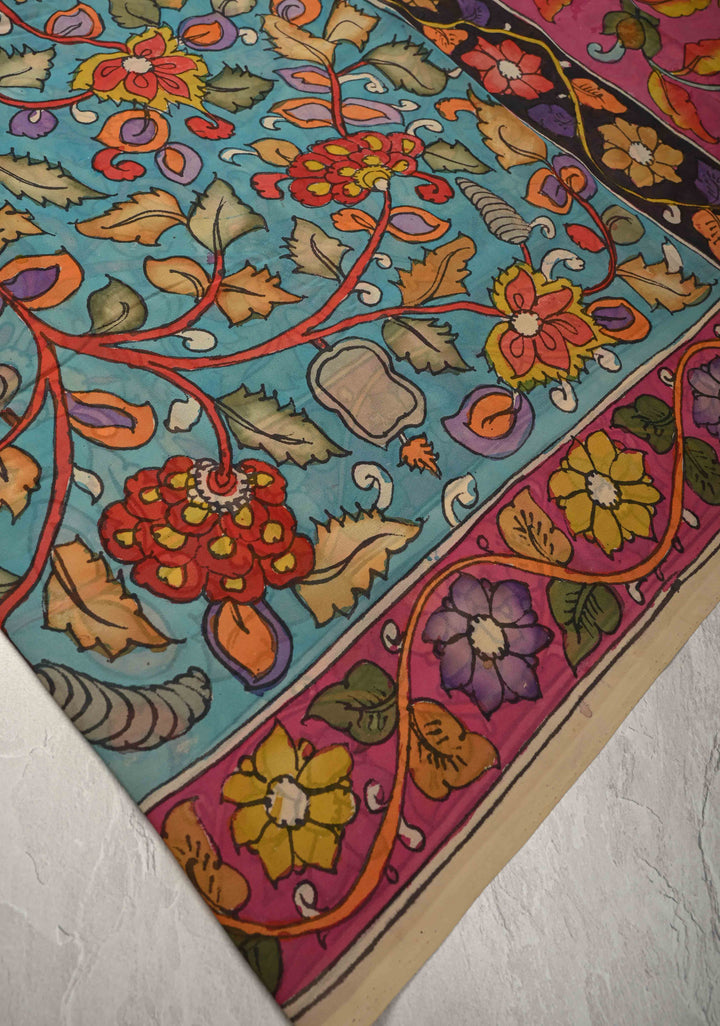 Azure Blue Authentic Pen Kalamkari on Pure Georgette Saree with Border | SILK MARK CERTIFIED