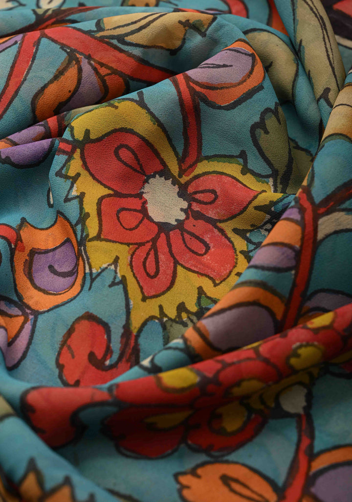 Azure Blue Authentic Pen Kalamkari on Pure Georgette Saree with Border | SILK MARK CERTIFIED