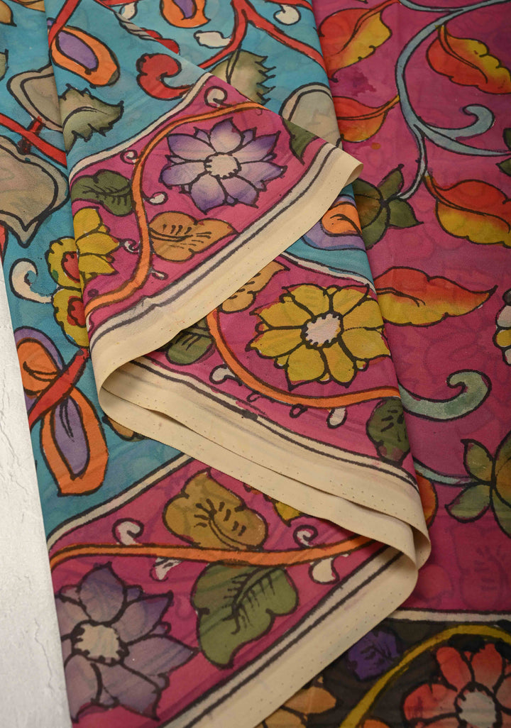 Azure Blue Authentic Pen Kalamkari on Pure Georgette Saree with Border | SILK MARK CERTIFIED