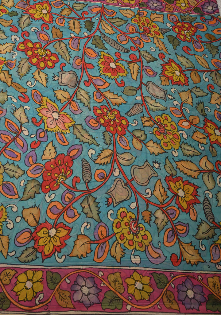 Azure Blue Authentic Pen Kalamkari on Pure Georgette Saree with Border | SILK MARK CERTIFIED