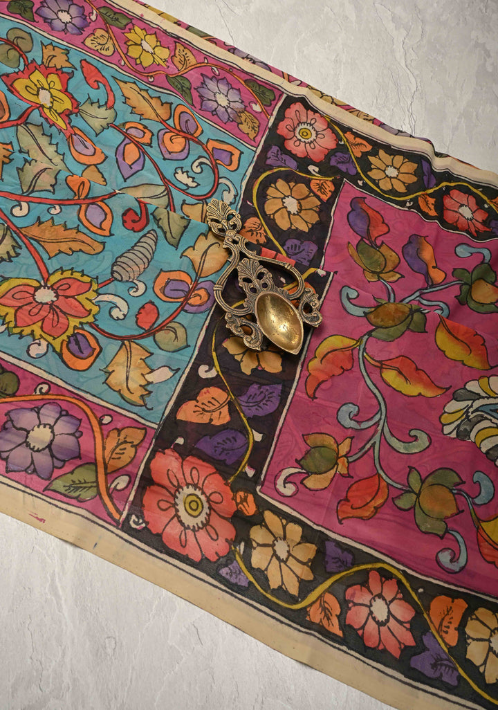 Azure Blue Authentic Pen Kalamkari on Pure Georgette Saree with Border | SILK MARK CERTIFIED