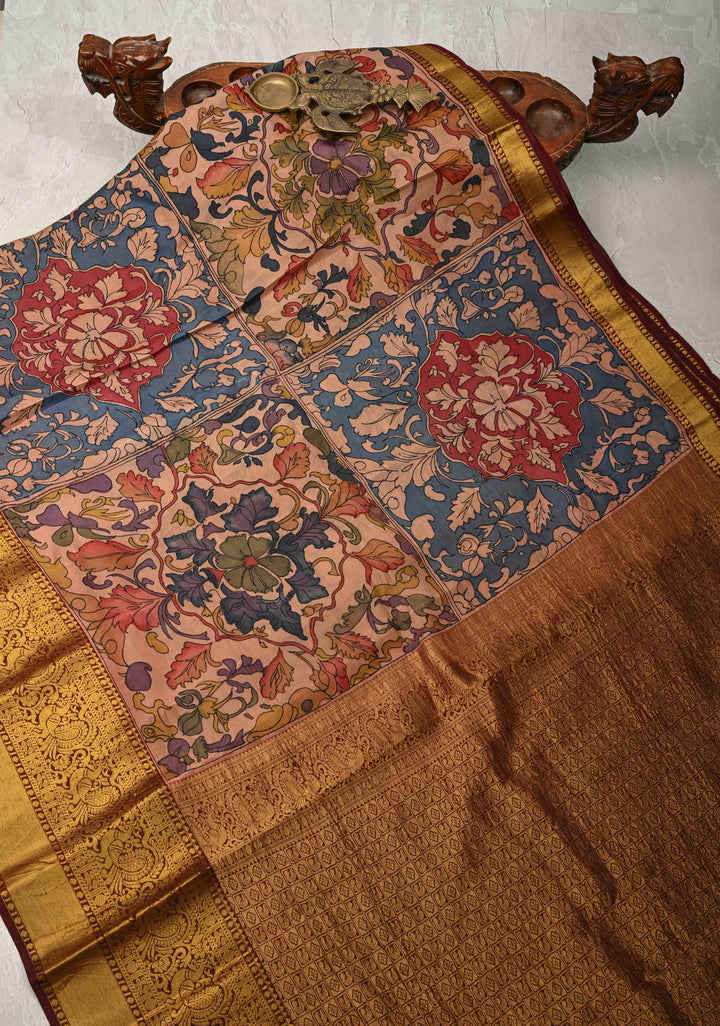 Persian Trellis Design : Authentic Pen Kalamkari on Pure Kanjivaram Silk Saree and Wide Maroon Borders | SILK MARK CERTIFIED