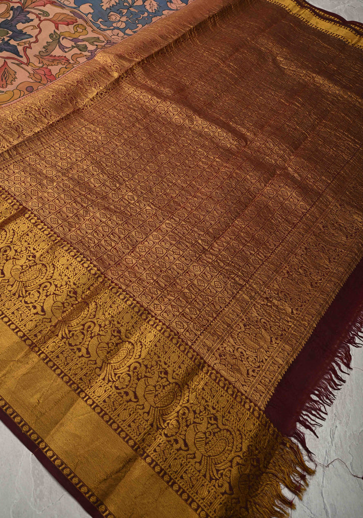 Persian Trellis Design : Authentic Pen Kalamkari on Pure Kanjivaram Silk Saree and Wide Maroon Borders | SILK MARK CERTIFIED