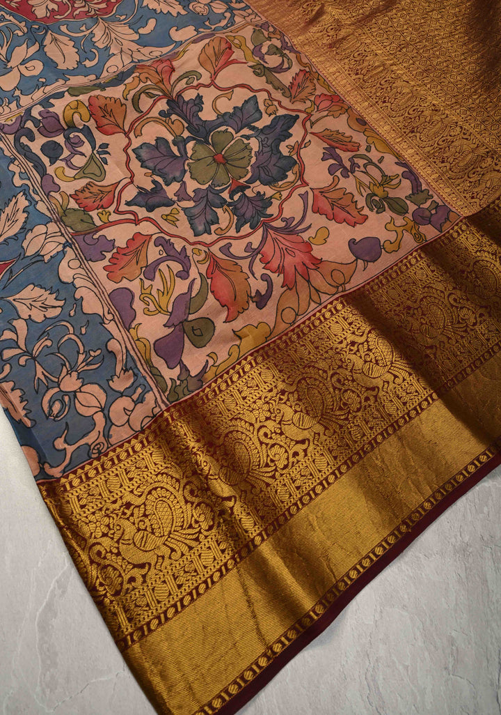 Persian Trellis Design : Authentic Pen Kalamkari on Pure Kanjivaram Silk Saree and Wide Maroon Borders | SILK MARK CERTIFIED