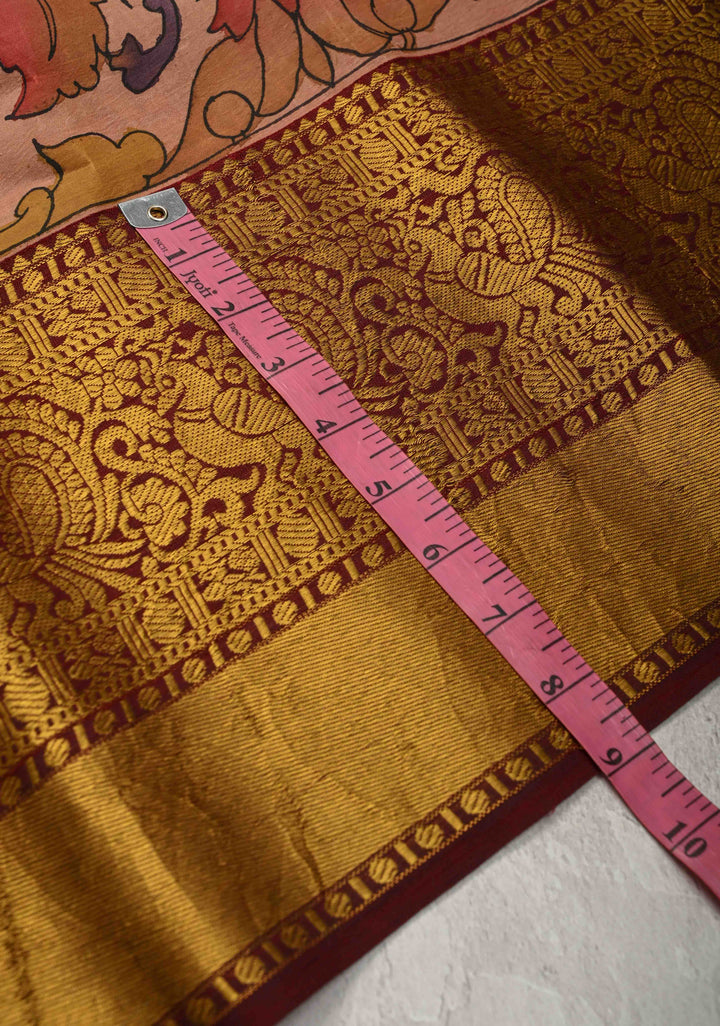 Persian Trellis Design : Authentic Pen Kalamkari on Pure Kanjivaram Silk Saree and Wide Maroon Borders | SILK MARK CERTIFIED