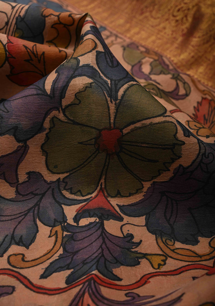 Persian Trellis Design : Authentic Pen Kalamkari on Pure Kanjivaram Silk Saree and Wide Maroon Borders | SILK MARK CERTIFIED