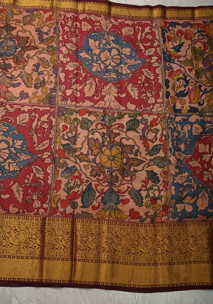 Persian Trellis Design : Authentic Pen Kalamkari on Pure Kanjivaram Silk Saree and Wide Maroon Borders | SILK MARK CERTIFIED