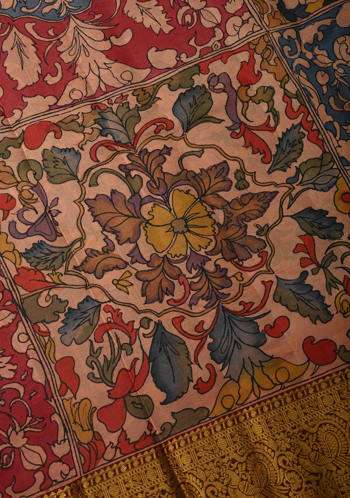 Persian Trellis Design : Authentic Pen Kalamkari on Pure Kanjivaram Silk Saree and Wide Maroon Borders | SILK MARK CERTIFIED